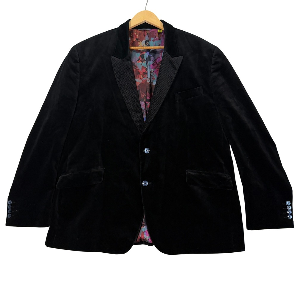 Robert Graham Mens 50L Classic Fit Black Velvet Blazer Peak Lapel Floral Lining